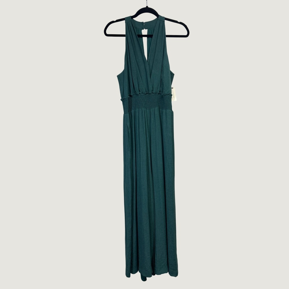 Anthropologie Jumpsuit Womens L Teal Halter Wide Leg Smocked Waist Boho NWT Chic